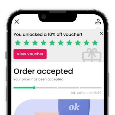 I Phone on blue background showing screen promoting vouchers
